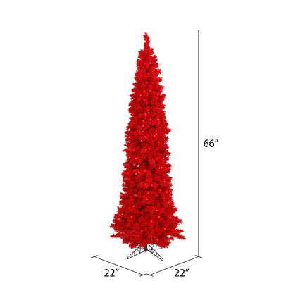 Vickerman 5.5' Flocked Red Pencil Fir Artificial Christmas Tree Red Dura-lit LED Lights