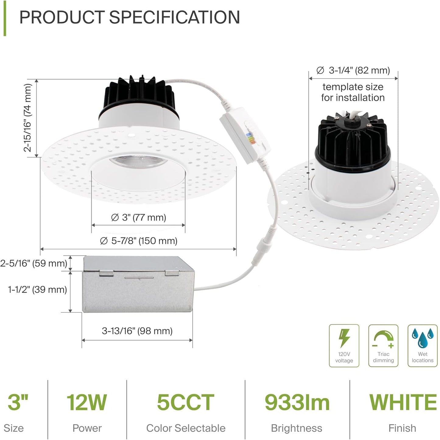 ASD Lighting LED Trimless Downlight Round 3.5inch 12W 120V Triac 2700/3000/3500/4000/5000K White ETL Energy Star