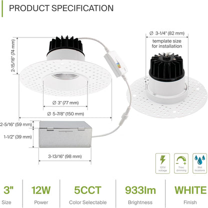ASD Lighting LED Trimless Downlight Round 3.5inch 12W 120V Triac 2700/3000/3500/4000/5000K White ETL Energy Star