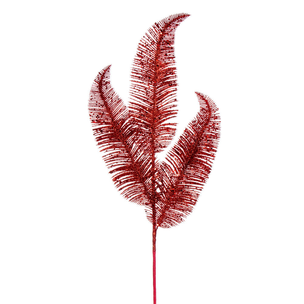Vickerman 24.5" Red Feather Fern Glitter Spray 6 per bag.