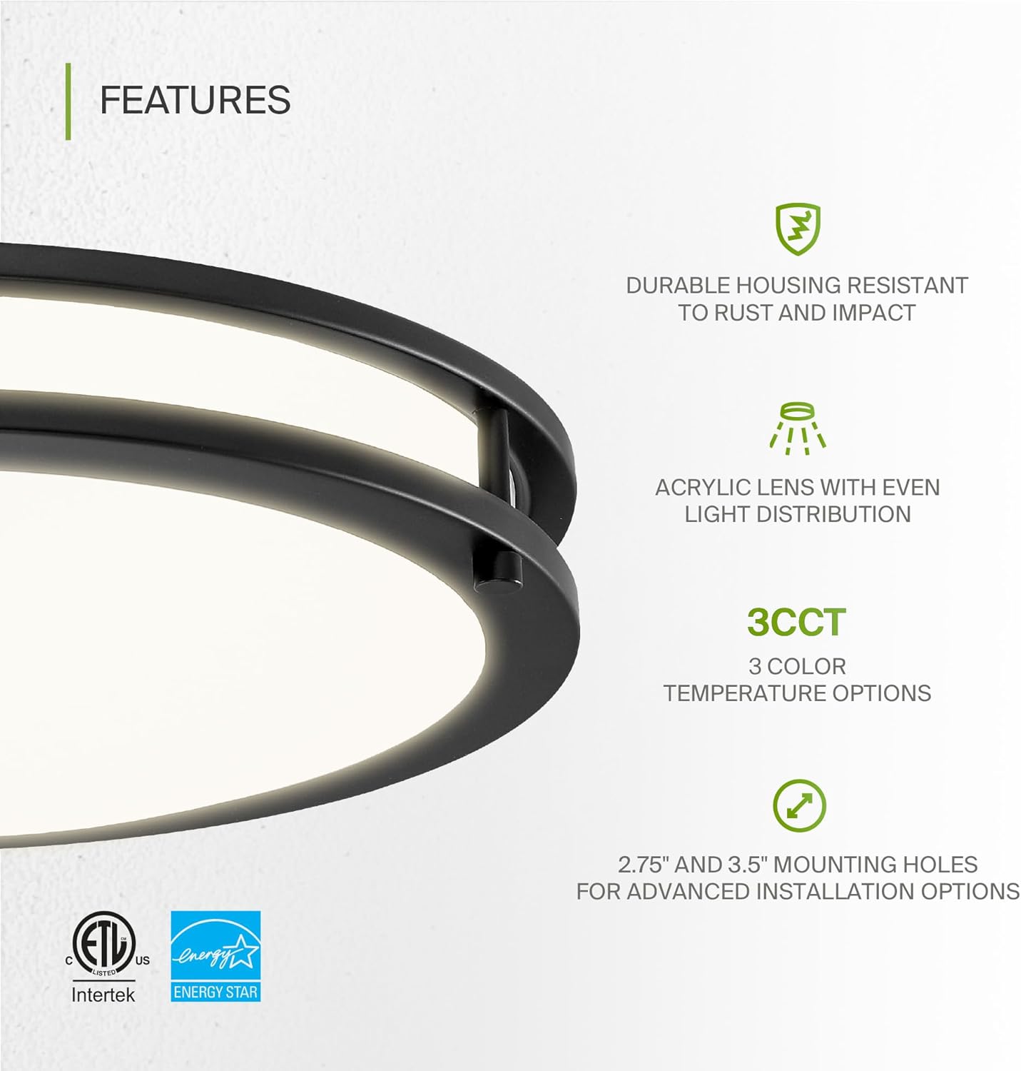 ASD LED Double Ring Flushmount 14" 21W 120V CCT Selectable 3000/4000/5000K Dimmable Black ETL Energy Star