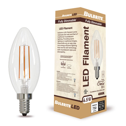 Bulbrite 776932 6.5W LED B11 4000K FILAMENT E12 CLEAR FULLY COMPATIBLE DIMMING