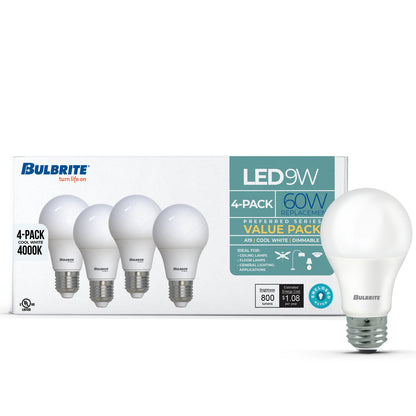 Bulbrite 774255 9W LED A19 60W EQUIV PREFERRED DIMMABLE 4000K E26 120V - 4PK