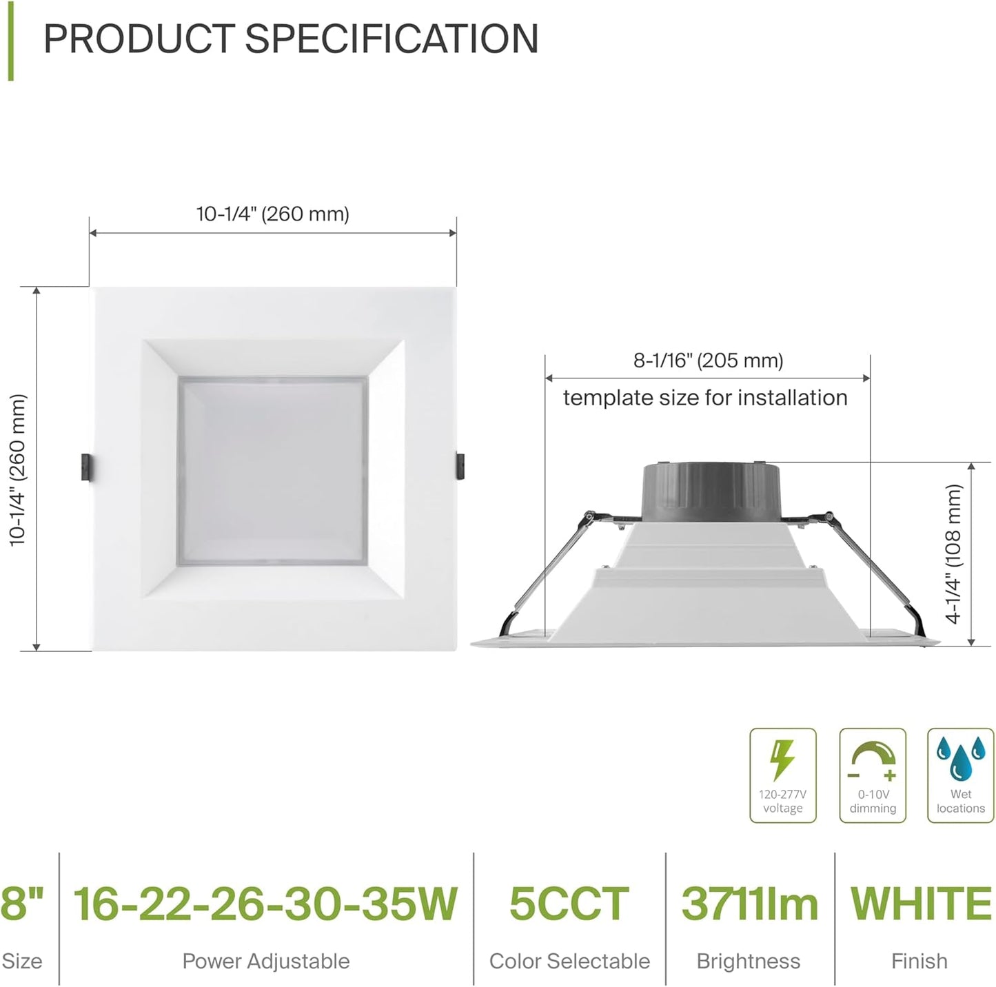 ASD Lighting LED Commercial Downlight Square 8inch 16/22/26/30/35W 120-277V 0-10V Dimmable 100Lm/W 2700/3000/3500/4000/5000K White ETL ES