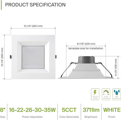ASD Lighting LED Commercial Downlight Square 8inch 16/22/26/30/35W 120-277V 0-10V Dimmable 100Lm/W 2700/3000/3500/4000/5000K White ETL ES