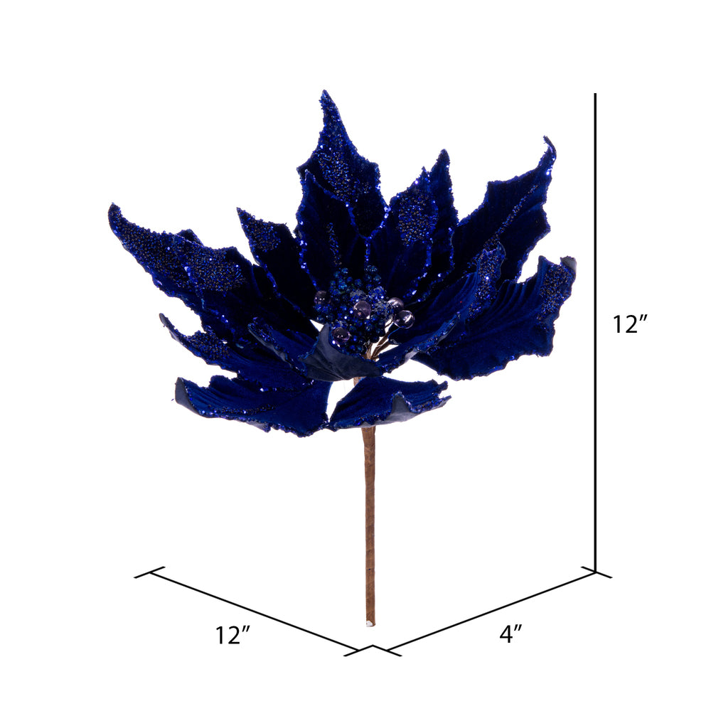 Vickerman 12" Artificial Midnight Blue Double Sided Velvet Poinsettia Christmas Pick