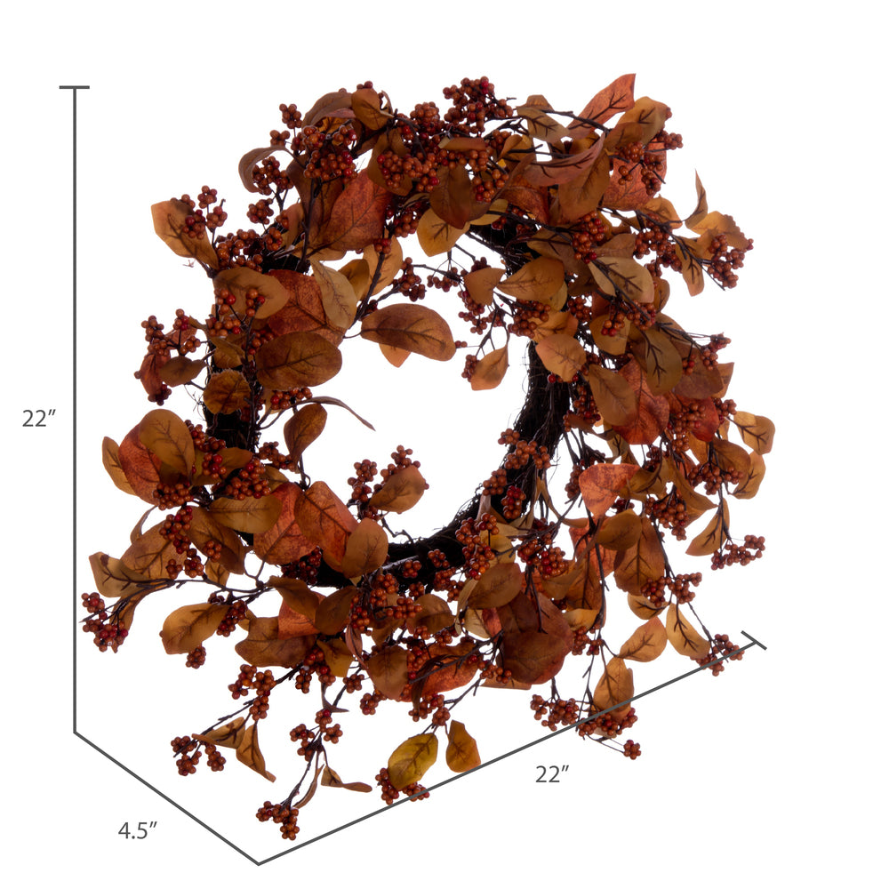 Vickerman Artificial 22" Orange Fall Leaves and Berries Wreath Circular grapevine base.