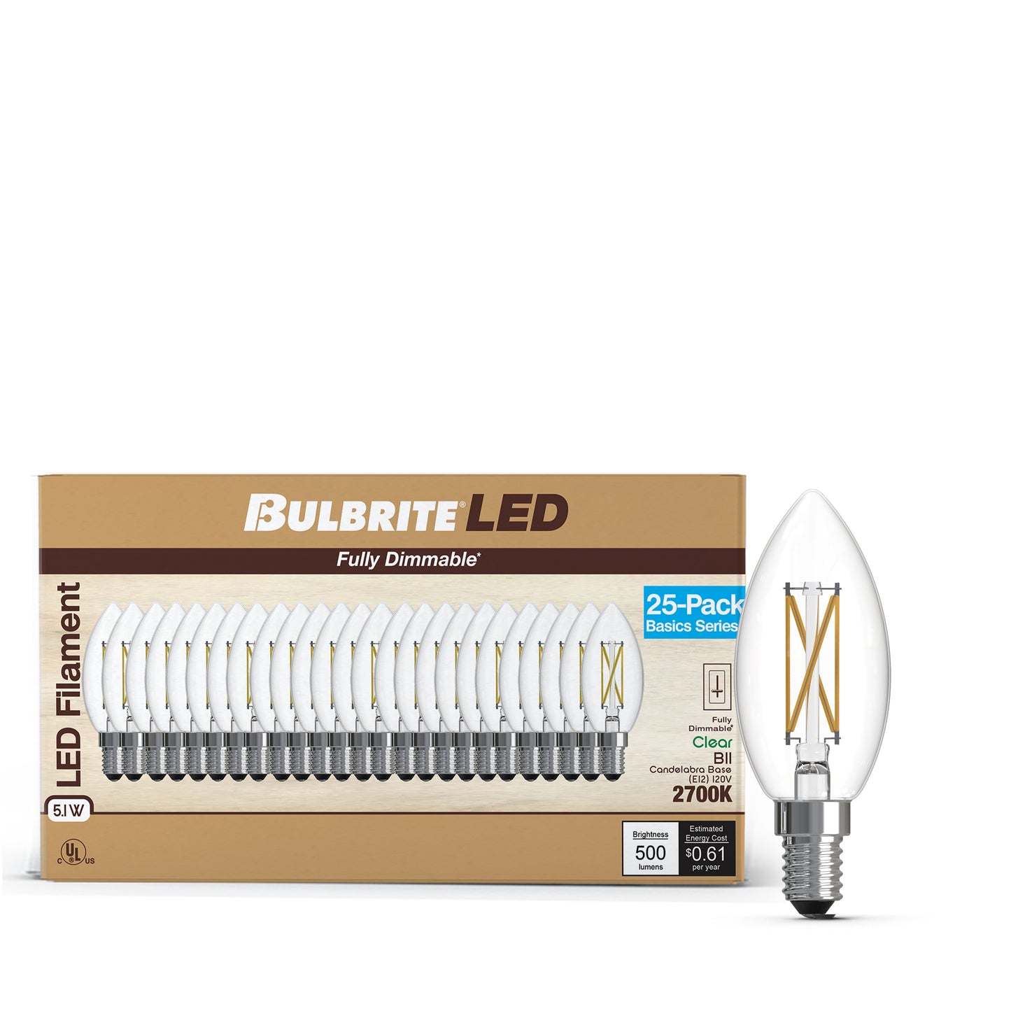 Bulbrite 776237 LED Filament Pack of 25, 5.1 Watt Dimmable B11 Light Bulb with Clear Finish and Candelabra Screw E12 Base - 2700K(Warm White Light), 500 lumens
