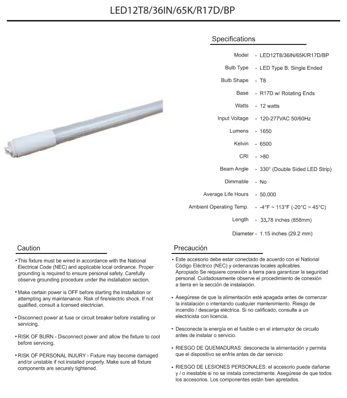 Damar- 3Ft T8 LED Tube Light Bulb Type B Ballast Bypass Single End 12W 1650 Lumens 6500K Daylight R17D Base with Rotating Ends 120-277VAC Pack of 10- Fluorescent Replacement for Garage Workshop