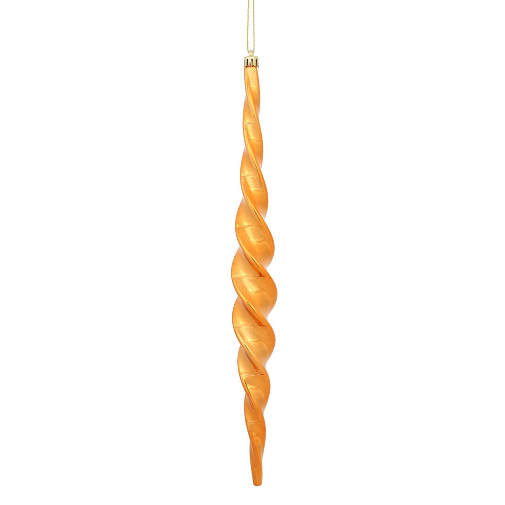 Vickerman 14.6" Burnished Orange Shiny Spiral Icicle Ornament with drilled and wired caps. Comes 2 per Box.