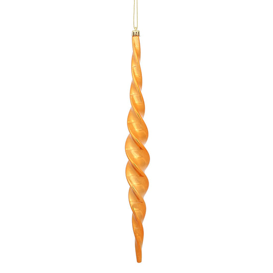 Vickerman 14.6" Burnished Orange Shiny Spiral Icicle Ornament with drilled and wired caps. Comes 2 per Box.