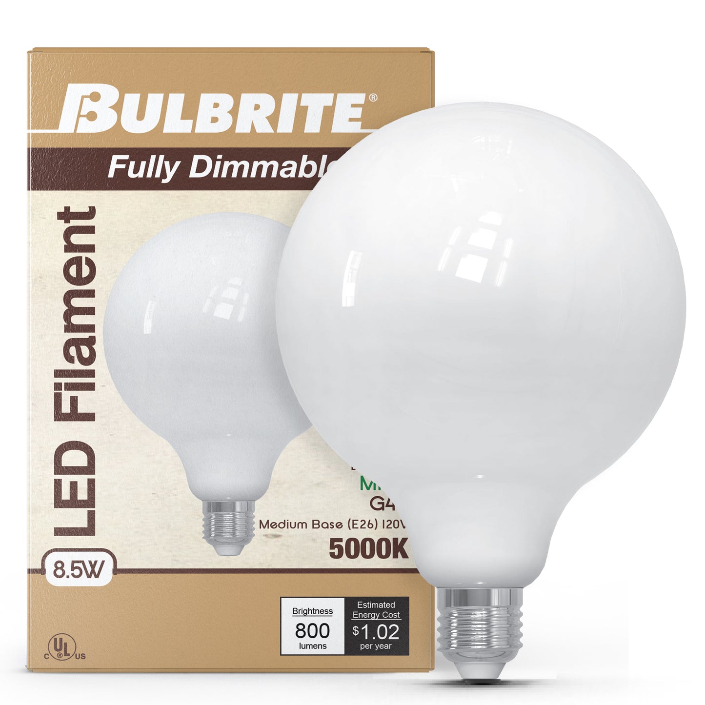 Bulbrite 862097 LED Filament Pack of (2) 8.5 Watt Dimmable G40 Light Bulb with Milky Glass Finish and Medium (E26) Base - 5000K (Soft Daylight Light), 800 Lumens