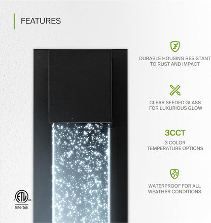 ASD Lighting LED Outdoor Wall Sconce 13" 11.5W 120V CCT Selectable 3000/4000/5000K Dimmable Clear Seeded Glass, Black ETL 2pack