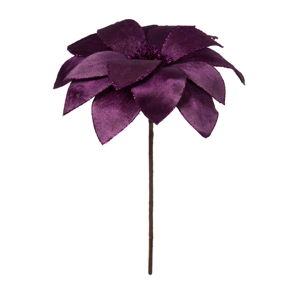 Vickerman 22" Purple Velvet Sheen Glitter Trim Poinsettia Stem 4 per bag.