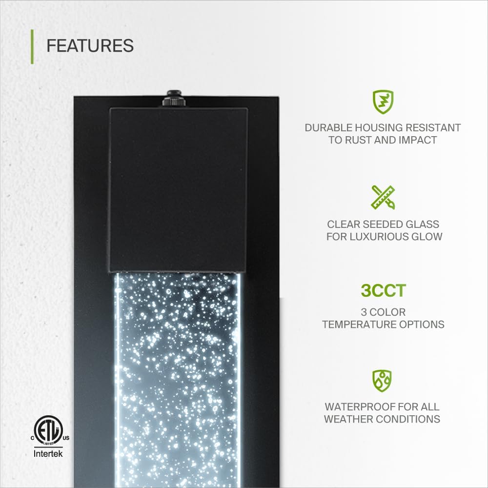 ASD Lighting LED Outdoor Wall Sconce 13 11.5W 120V CCT Selectable 3000/4000/5000K with Photocell Clear Seeded Glass, Black ETL 2pack