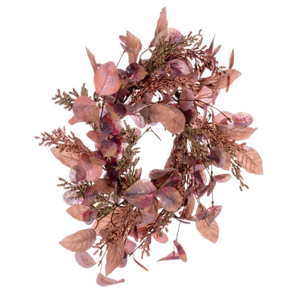 Vickerman 16" Dusty Rose Artificial Fall Eucalyptus and Berry Wreath Candle Ring