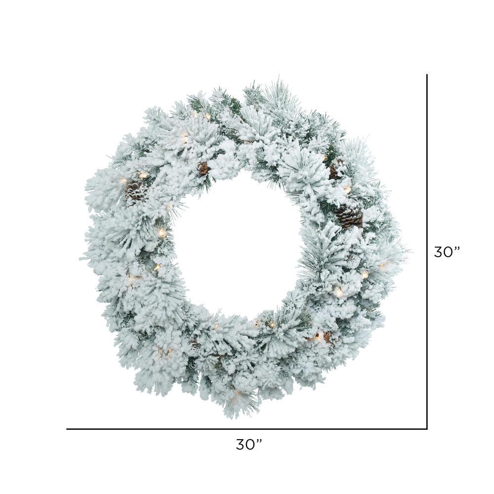 Vickerman 30" Flocked Ashton Pine Artificial Christmas Wreath Clear Dura-lit Incandescent Mini Lights