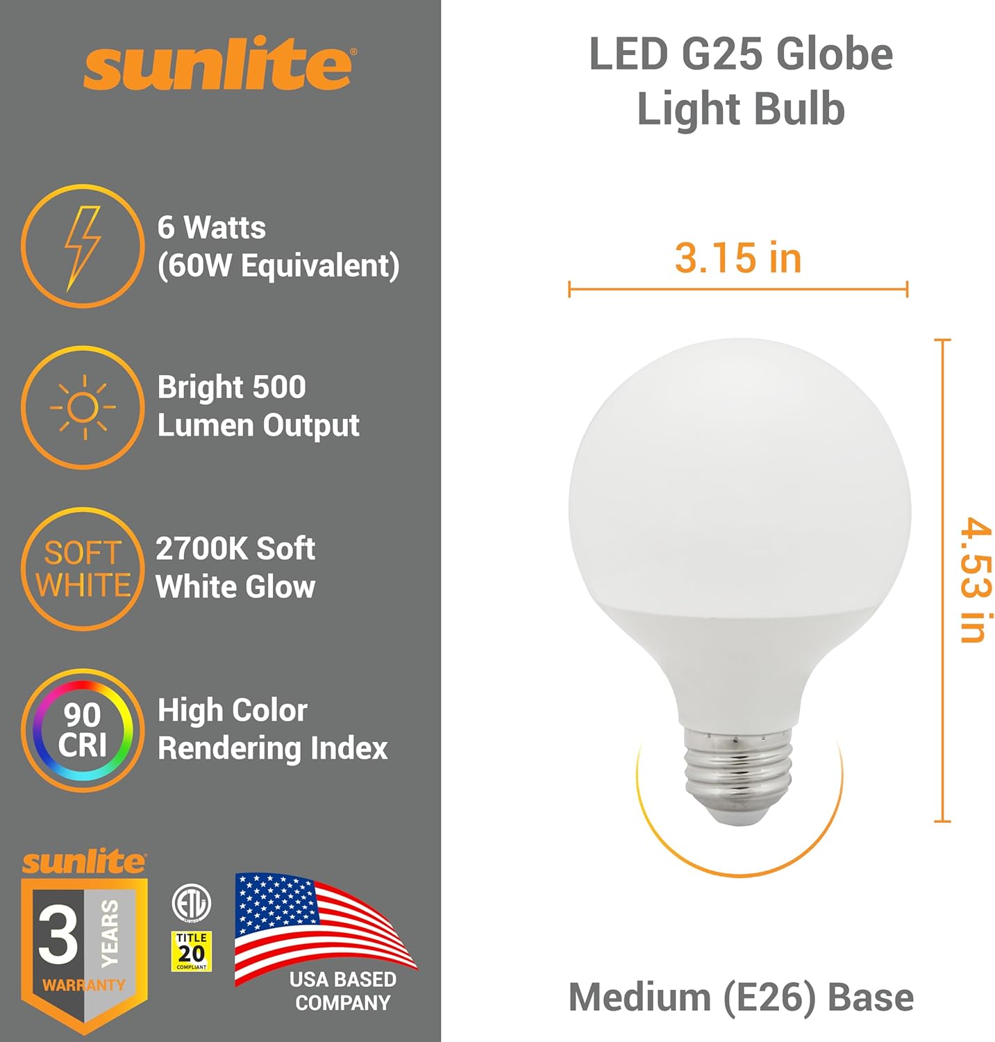 Sunlite 41818 LED G25 Globe Light Bulb, 6 Watts (60W Equivalent), Standard E26 Base, 520 Lumens, Dimmable, Frosted, Energy Star, 90 CRI, Title-20 Compliant, 2700K Soft White, 6 Pack