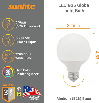 Sunlite 41818 LED G25 Globe Light Bulb, 6 Watts (60W Equivalent), Standard E26 Base, 520 Lumens, Dimmable, Frosted, Energy Star, 90 CRI, Title-20 Compliant, 2700K Soft White, 6 Pack
