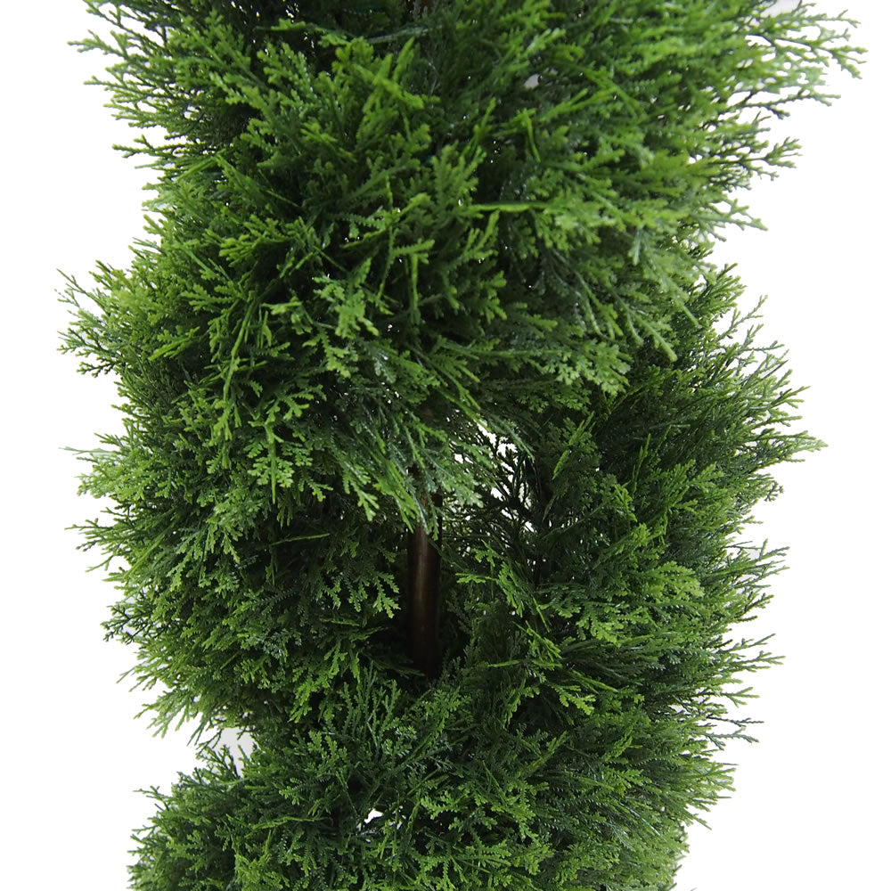 Vickerman 4' Artificial Green Cedar Double Spiral Topiary Black Plastic Pot.