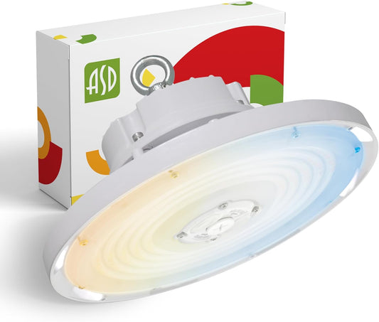 ASD Lighting Q-base LED UFO High Bay Power Adjustable 100/120/150W and CCT Selectable 3000/4000/5000K Dimmable White UL DLC Premium