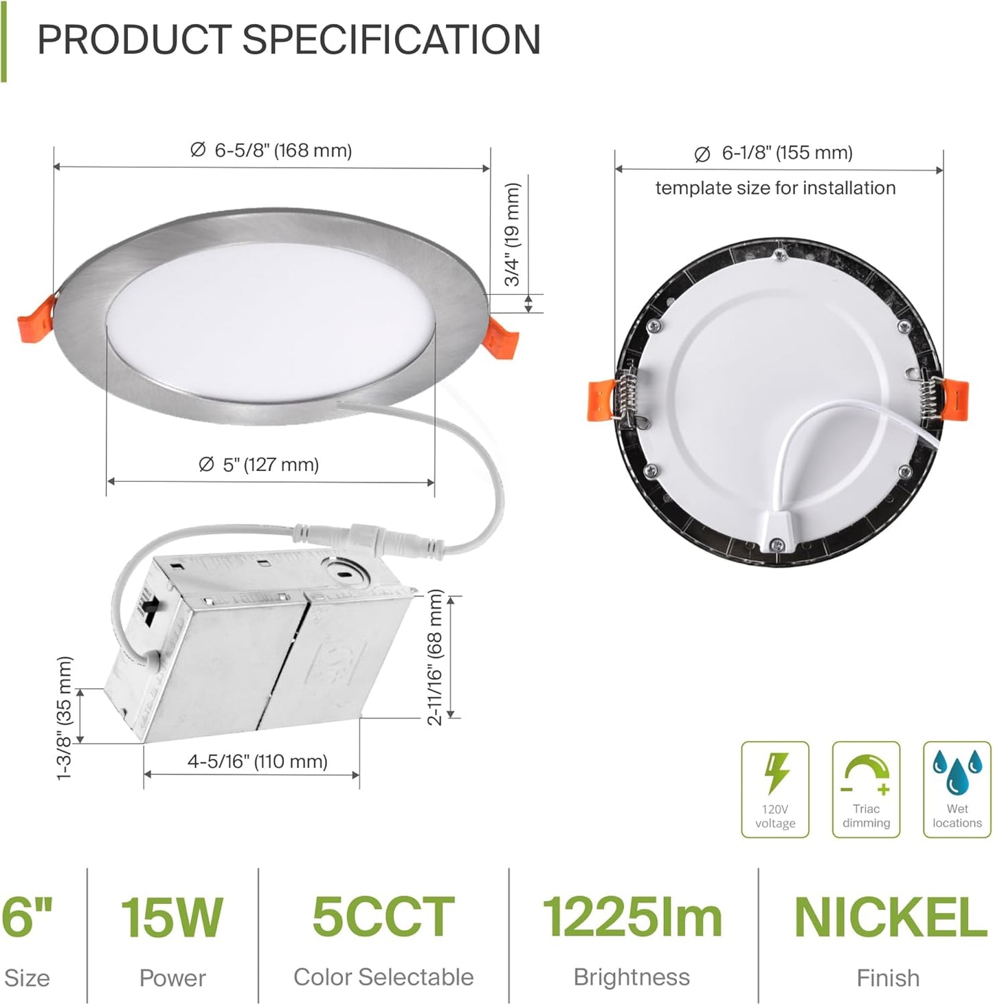 ASD Lighting LED Round Recessed Mini Panel 6" 15W 120V Dimmable CCT Selectable 2700/3000/3500/4000/5000K Brushed Nickel UL Energy Star 6pack