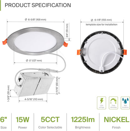 ASD Lighting LED Round Recessed Mini Panel 6" 15W 120V Dimmable CCT Selectable 2700/3000/3500/4000/5000K Brushed Nickel UL Energy Star 6pack