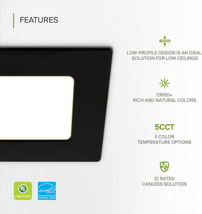 ASD Lighting LED Recessed Mini Panel Square 3inch 6W 120V Triac 2700/3000/3500/4000/5000K Black UL Energy Star 6 pack