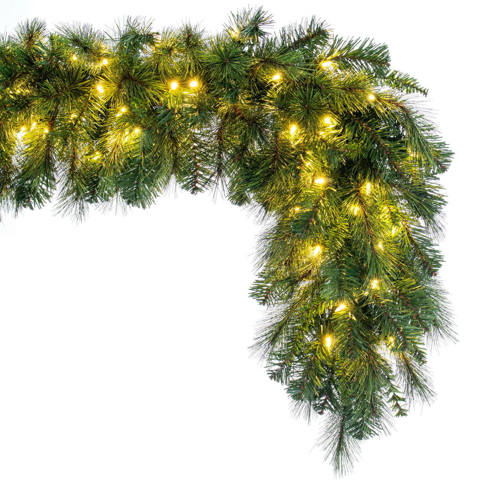 Vickerman 9' x 18" Brighton Pine Artificial Garland with 150 Dura-Lit® Warm White LED Mini Lights and 300 PE/PVC Tips.