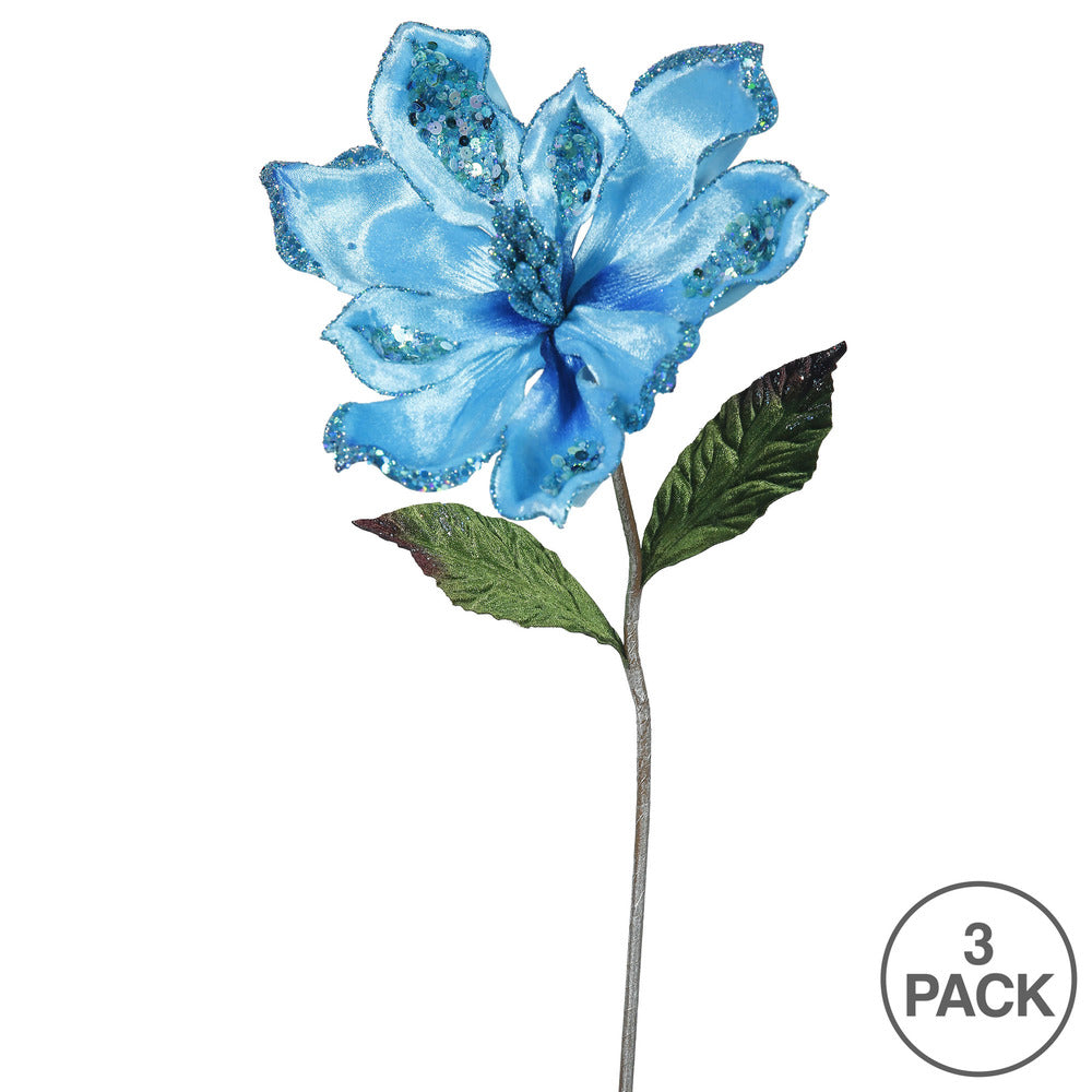 Vickerman 22" Sky Blue Velvet Magnolia Artificial Christmas Pick 3 per Bag