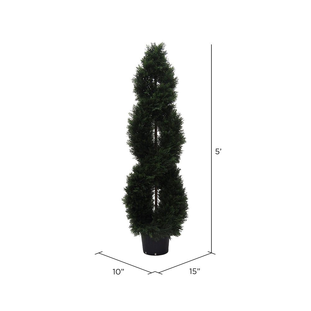 Vickerman 5' Artificial Green Cedar Double Spiral Topiary Black Plastic Pot.Widest part is 16"