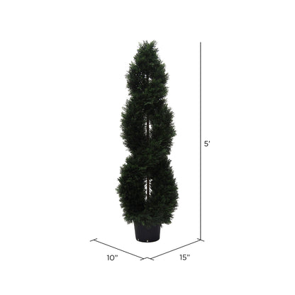 Vickerman 5' Artificial Green Cedar Double Spiral Topiary Black Plastic Pot.Widest part is 16"