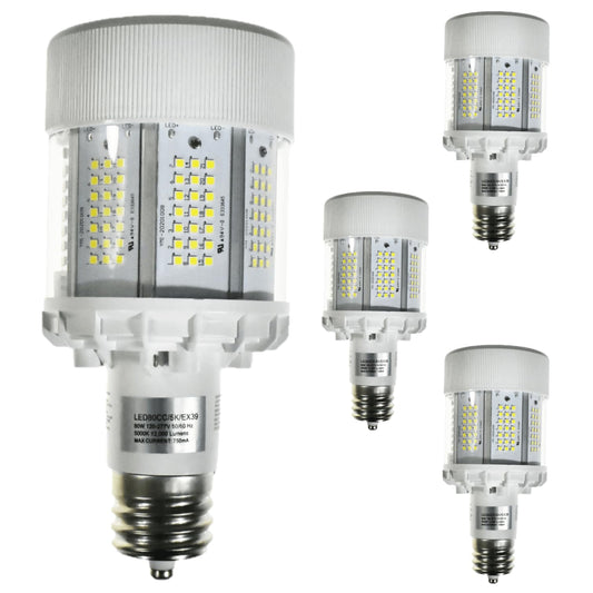 Damar- LED Corn Cob Bright Light Bulb Type B Ballast Bypass 80W 12,000 Lumen 5000K Bright White EX39 Base Non-Dimmable 300? Beam Angle 120-277VAC Dry/Damp Rated Pack of 4- For Warehouse Garage Patio