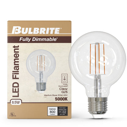 Bulbrite 776979 8.5W LED G25 5000K FILAMENT FULLY COMPATIBLE DIMMING