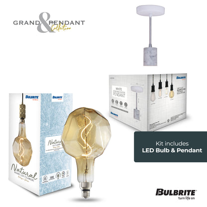 Bulbrite LED Grand Bulb and Pendant Kit of (1) 4 Watt Antique Glass 12" Jewel Shaped Bulb and (1) White Marble Open Socket Pendant on White Fabric Braided Cord - 2000K (Amber Light)