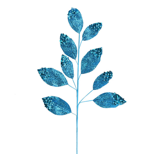 Vickerman 29" Turquoise Glitter Leaf Artificial Christmas Spray. Includes 6 sprays per pack.