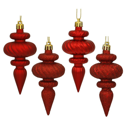 Vickerman 4" Red 4-Finish Finial Ornament 8 per Box. Made of shatterproof plastic.