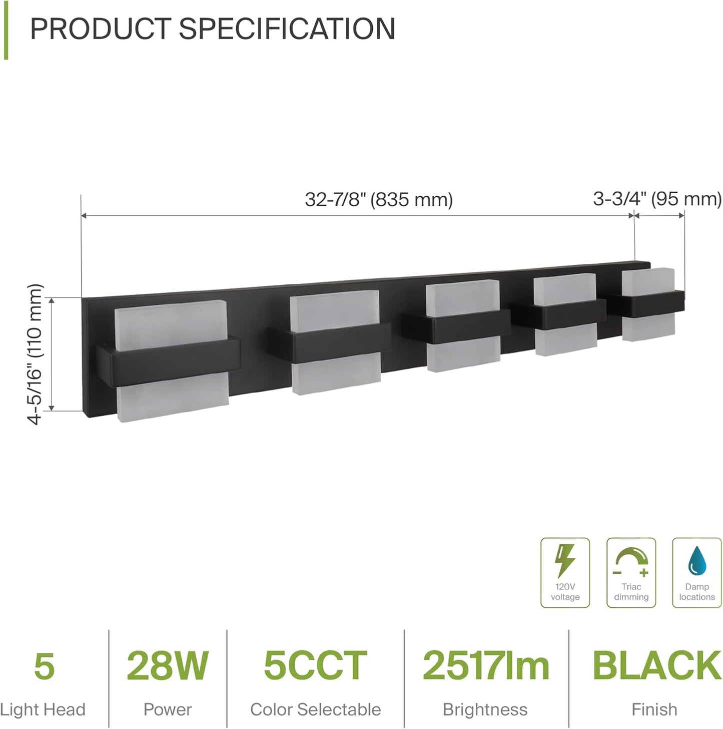ASD Lighting LED Vanity 5-light 28W 120V CCT Selectable 2700/3000/4000/5000/6000K Dimmable Black ETL