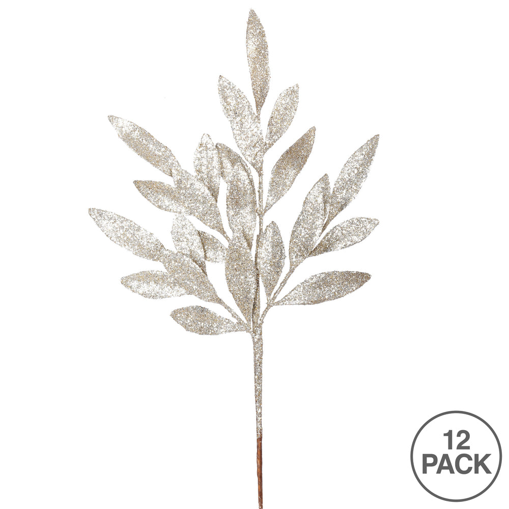 Vickerman 22" Champagne Glitter BayLeaf Artificial Christmas Spray. Includes 12 sprays per pack.