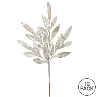 Vickerman 22" Champagne Glitter BayLeaf Artificial Christmas Spray. Includes 12 sprays per pack.