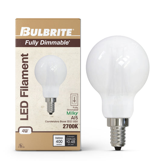 Bulbrite 862056 LED Filament Pack of (4) 4 Watt Dimmable A15 Light Bulb with Milky Glass Finish and Candelabra (E12) Base - 3000K (Soft White Light), 400 Lumens