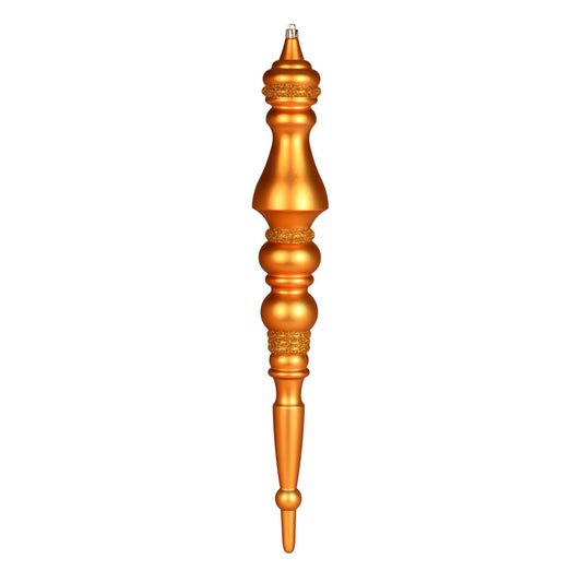 Vickerman 20" Antique Gold Matte Finial 1/Bag. This ornament features a drilled cap with looped wire to ensure that decorating is a breeze. This ornament is made with shatterproof plastic to reduce the likelihood of breaking when dropped. Includes 2 piece