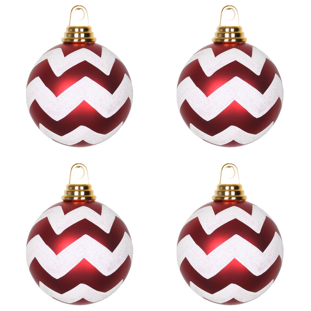 Vickerman 4" Red and White Matte Chevron Ball Christmas Ornament with Glitter Accents 4 per Box