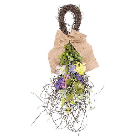 Vickerman 28" Artificial Mixed Floral Teardrop With Purple And Green Flowers. The Base Of This Teardrop Is Made Of Mixed Greenery Leaves And Thin Spring Twigs. This Teardrop Features A Tan Burlap Bow.