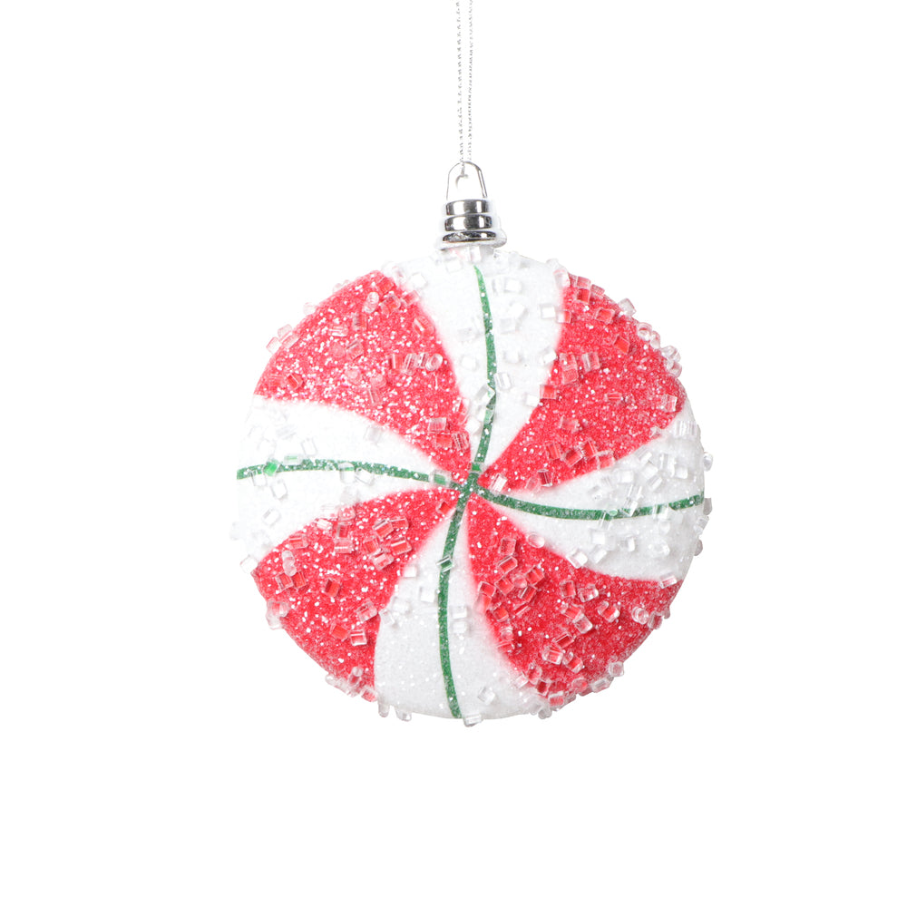 Vickerman 4" White Red Green Swirl Flat Ball Ornament 4 per bag.