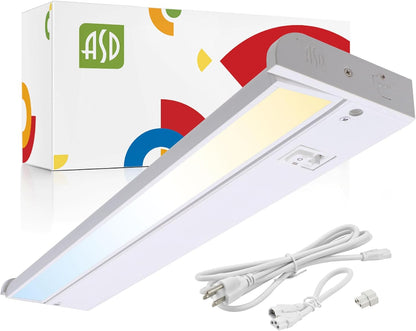 ASD Lighting LED Under Cabinet Swivel 18" 8W 120V Dimmable CCT Selectable 2700/3000/4000K Hardwired or Plug-in, Linkable, Hi/Low Switch, White UL