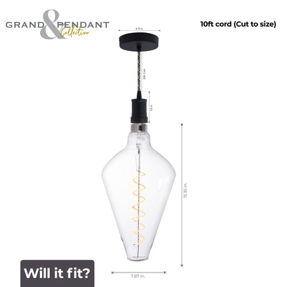 Bulbrite LED Grand Bulb and Pendant Kit of (1) 4 Watt Clear Glass 15" Diamond Shaped Bulb and (1) Black Open Socket Pendant on Multicolor Fabric Braided Cord - 2200K (Amber Light)