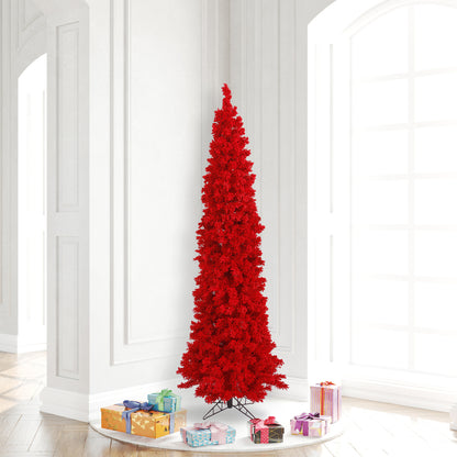 Vickerman 6.5' Flocked Red Pencil Fir Artificial Christmas Tree Red Dura-lit LED Lights