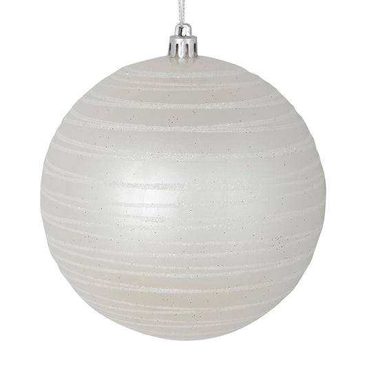 Vickerman 4" White Candy Finish Ball Ornament with Glitter Lines 4 per Bag