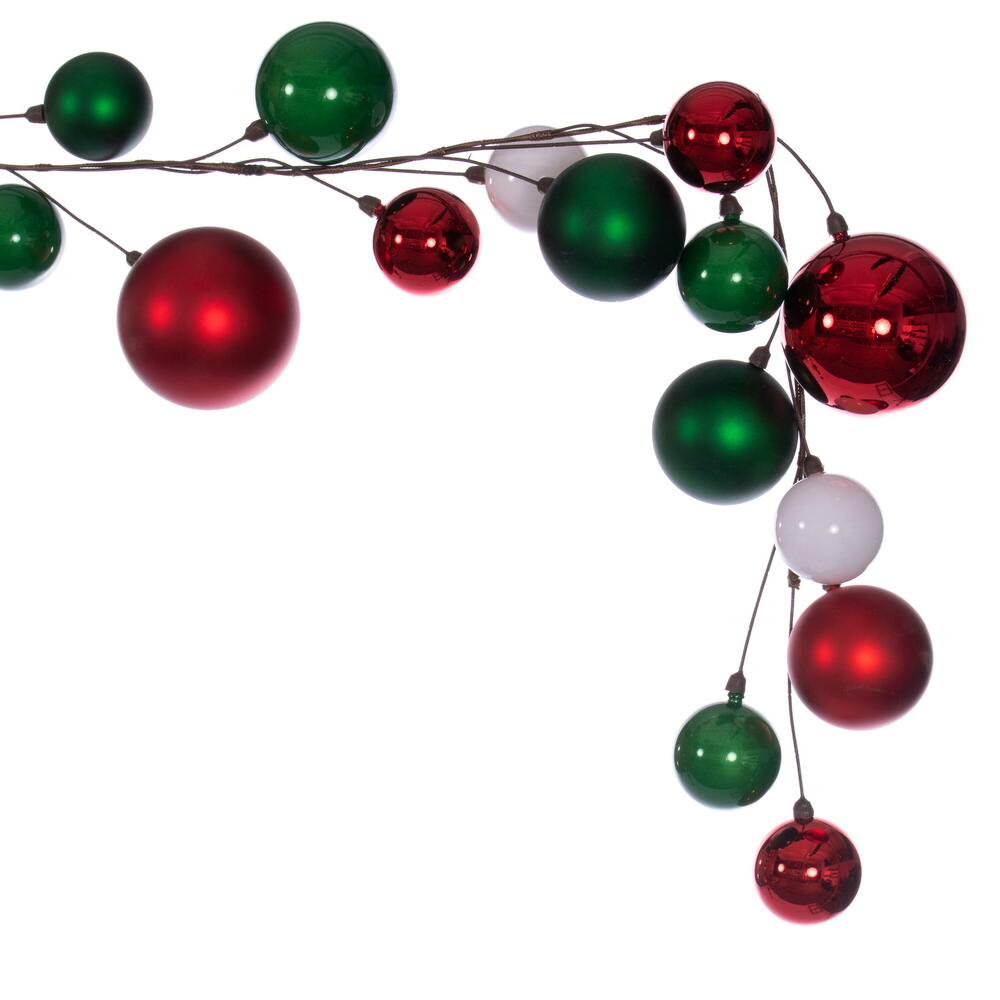 Vickerman 10' White Red And Green Assorted Finish Branch Ball Ornament Garland.